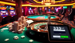 Engage with the 333bet Login interface in a vibrant casino setting featuring roulette and poker elements.