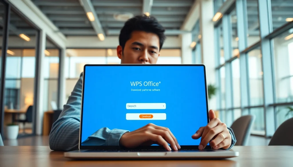 Downloading WPS软件 in a modern office setting, showcasing innovation and productivity.