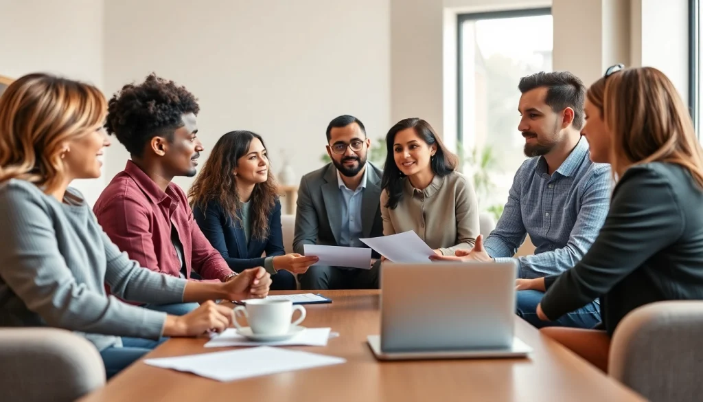 Engaged discussion on insurance claims help among diverse professionals in a bright office.