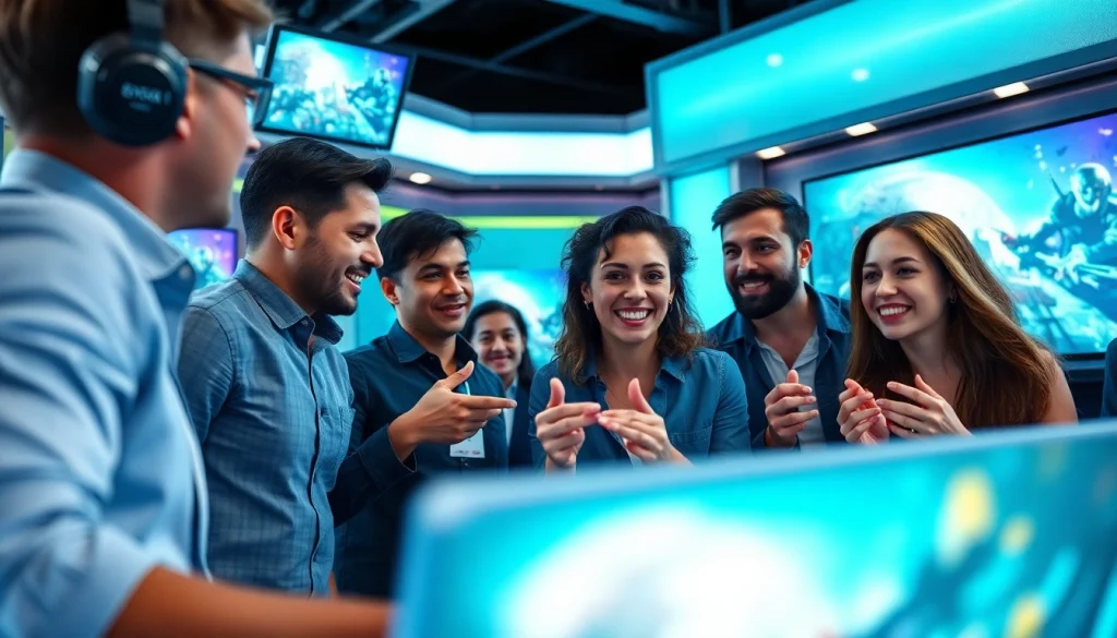 Engaging gaming team discussing news articles at https://www.gamelevate.com with futuristic tech atmosphere.