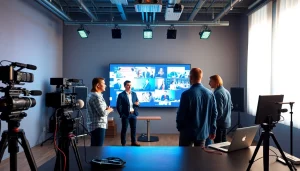 Creative Video Production Agency team collaborating in a modern studio environment with video equipment.