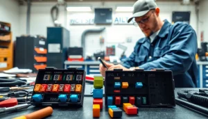 Technician analyzing fuses at https://bezpieczniki24.pl in a bright garage workspace.