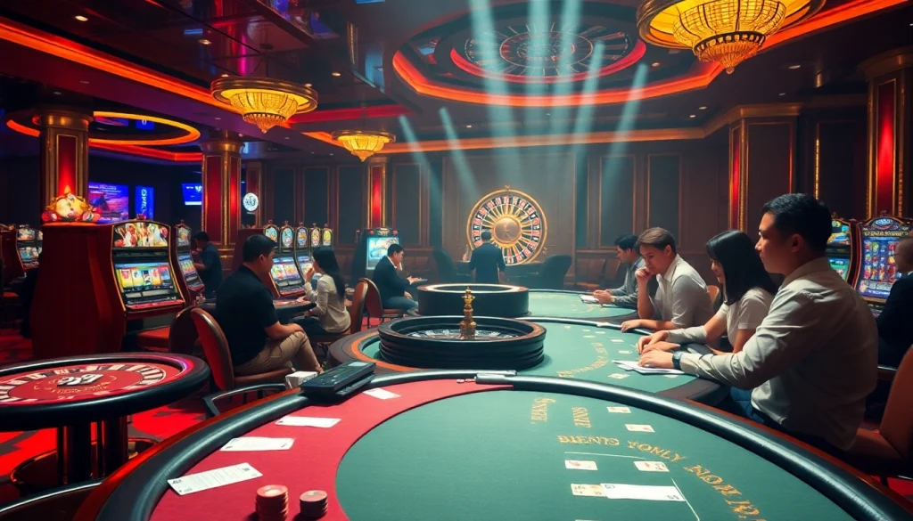 Engage in high-stakes excitement at Hi88 casino with players celebrating wins and vibrant gaming.