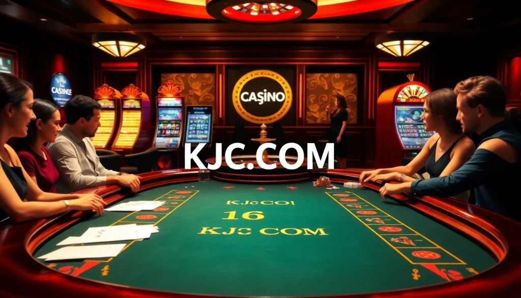 Experience the excitement at KJC.COM with an engaging high-stakes poker game and vibrant casino visuals.