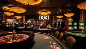 KJC casino scene featuring poker chips and players at vibrant gaming tables.