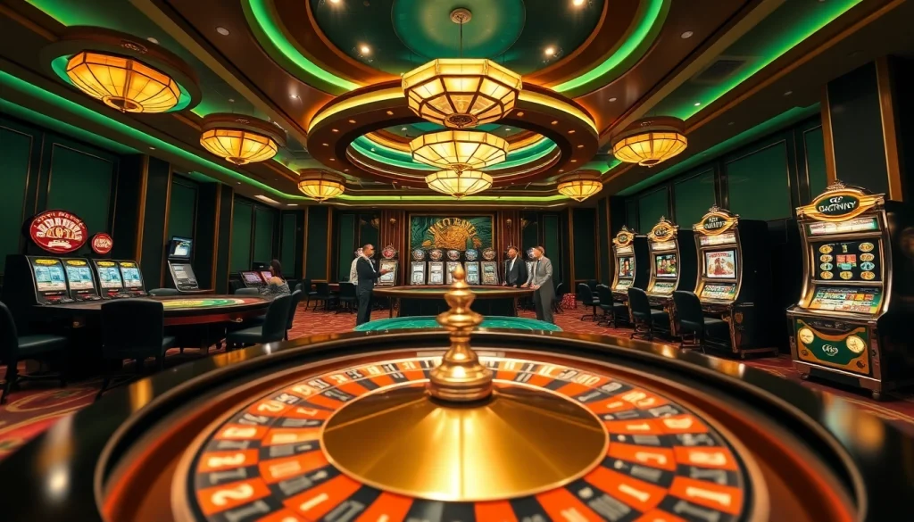 Casino gaming scene showcasing excitement and luxury at https://789p.green/ with roulette wheel, poker action, and slot machines.