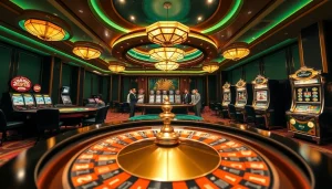 Casino gaming scene showcasing excitement and luxury at https://789p.green/ with roulette wheel, poker action, and slot machines.
