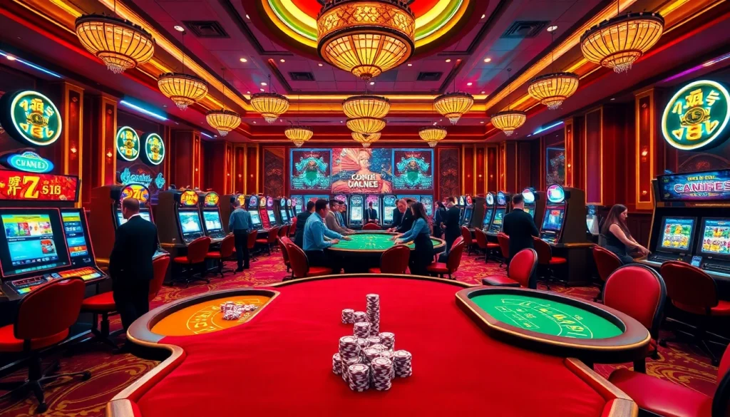 Experience the thrilling games at Trang Chủ MM88 with luxurious casino tables and vibrant slot machines.