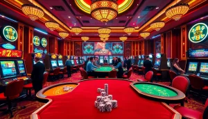 Experience the thrilling games at Trang Chủ MM88 with luxurious casino tables and vibrant slot machines.