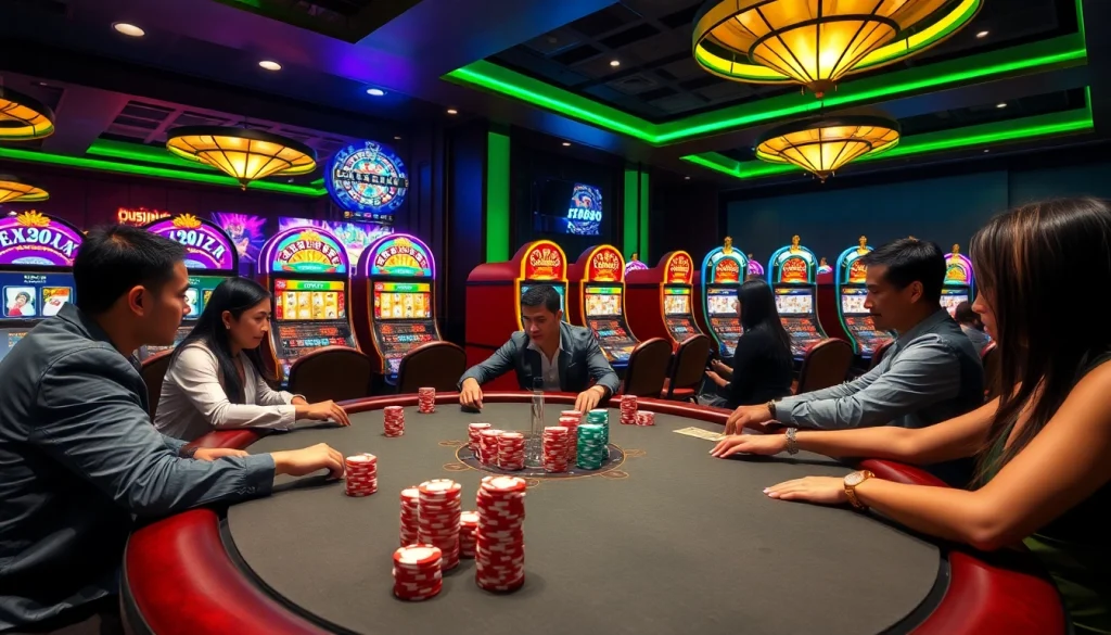 Players enjoying poker at a lavish casino table, showcasing ib88's vibrant gaming atmosphere.