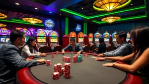 Players enjoying poker at a lavish casino table, showcasing ib88's vibrant gaming atmosphere.