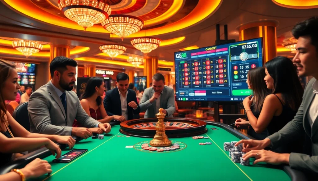 Players enjoying a thrilling game at the GG88 casino table, surrounded by vibrant poker chips.