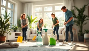 Cleaners showcasing eco-friendly products from https://www.ecocleanellies.com in a bright living room.