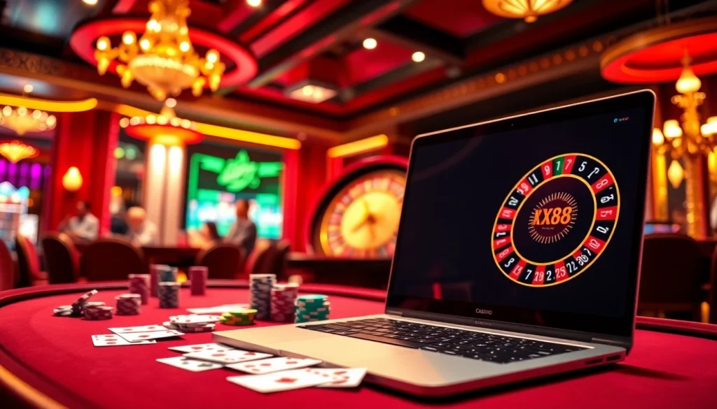 Exciting casino scene featuring XX88 with poker chips, a roulette wheel, and an engaging atmosphere.