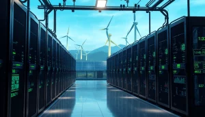 Cryptocurrency mining facility showcasing green energy sources and advanced AI technology.