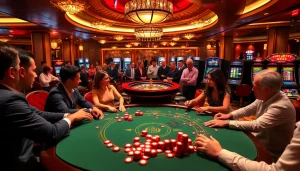 A thrilling gaming experience at HB 88 casino with players enjoying poker and vibrant slot machines.
