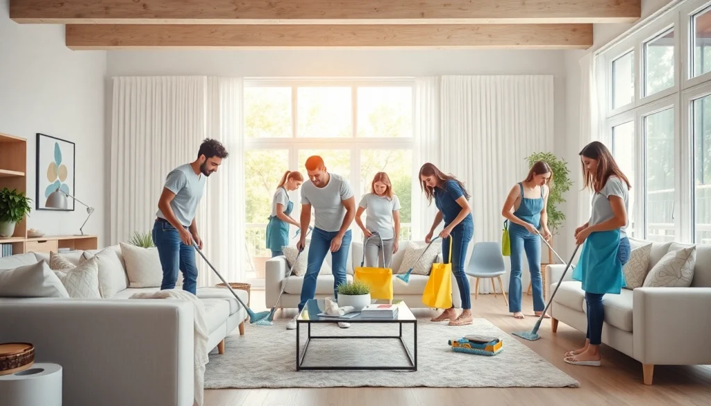 Team providing a cleaning service in a bright, modern living room, showcasing collaboration and professionalism.