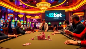 Experience the thrill of gambling at 12bet with vibrant casino visuals showcasing poker and slot excitement.