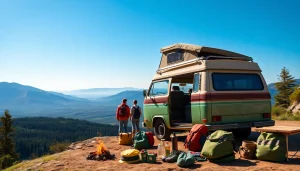 Travelers enjoying an adventure on https://fernweh-abenteuer.de with a vintage camper van.