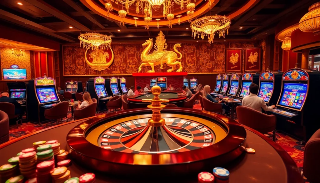Experience the thrill of winning with Raja Barong in a luxurious casino setting featuring vibrant roulette wheels and gleaming slot machines.