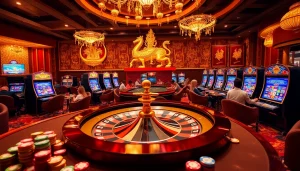 Experience the thrill of winning with Raja Barong in a luxurious casino setting featuring vibrant roulette wheels and gleaming slot machines.