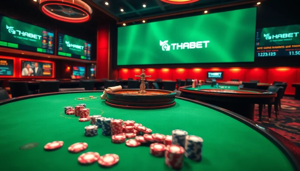 THABET casino scene showcasing excitement with poker chips and a roulette wheel.