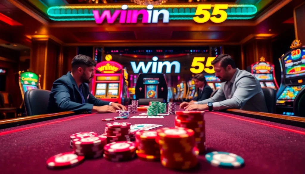 Win55 players engage in a high-stakes poker game with vibrant chips and glamorous casino atmosphere.