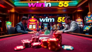 Win55 players engage in a high-stakes poker game with vibrant chips and glamorous casino atmosphere.