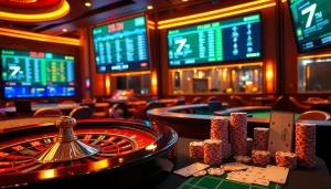 Experience the excitement of 7m.cn through a luxurious casino setting featuring live sports betting slips and games.