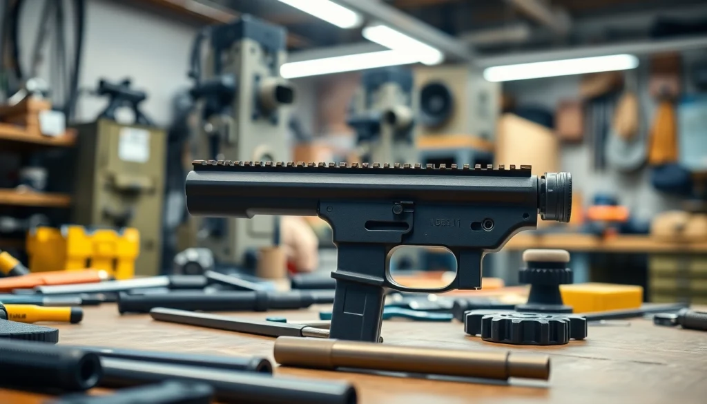 Assemble a polymer 80 lower in a workshop with tools and parts.