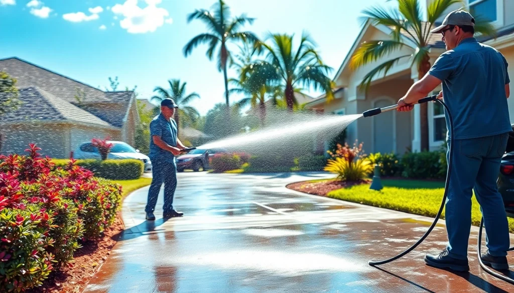 Pressure wash service revitalizing a residential driveway in Kissimmee, Florida, showcasing professionalism and sparkling results.