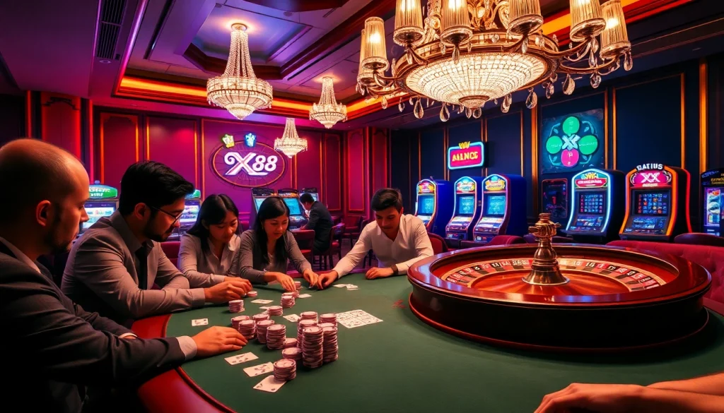 Players enjoying an intense game at XX 88 poker table with vibrant casino ambiance.