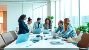 Engaged team collaborating on business strategies in a modern office setting.