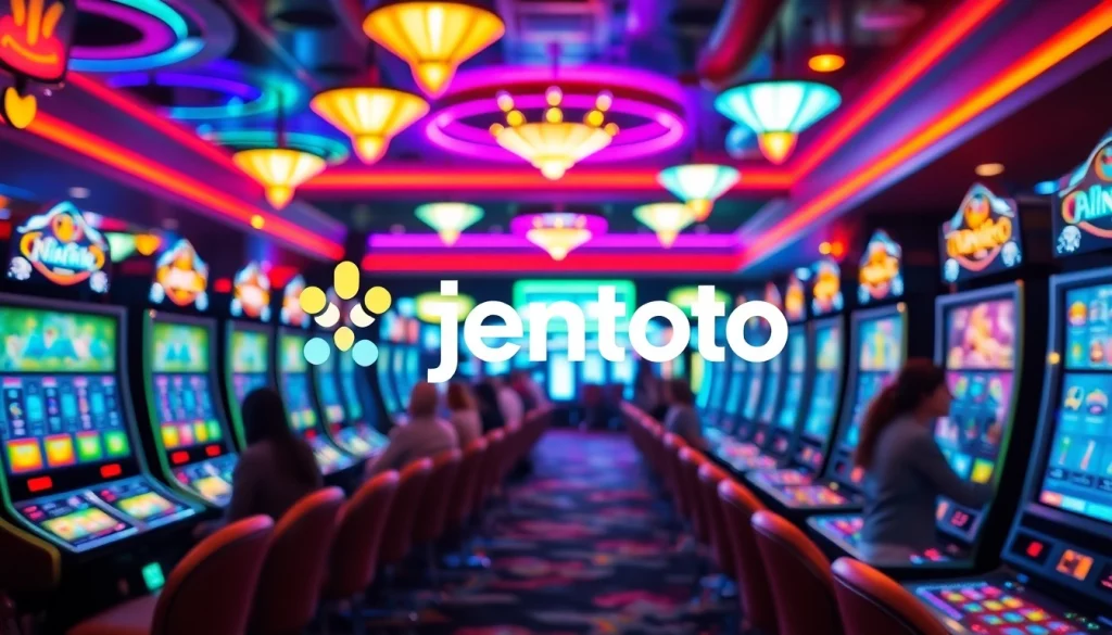 Menyaksikan jentoto dengan antusias di kasino modern yang penuh warna dengan mesin slot.