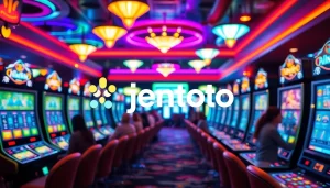 Menyaksikan jentoto dengan antusias di kasino modern yang penuh warna dengan mesin slot.