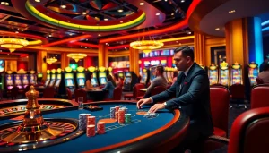 Players enjoying thrilling games at New66 casino, featuring poker chips, a roulette wheel, and vibrant slot machines.
