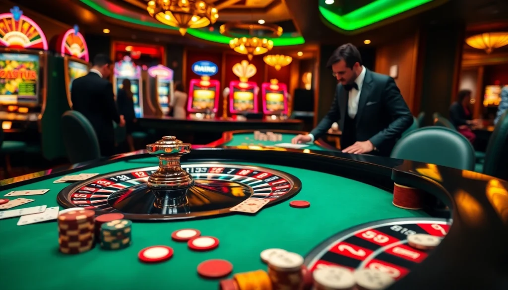 Exciting casino scene featuring s8-themed tables, vibrant roulette wheel, and players enjoying games.