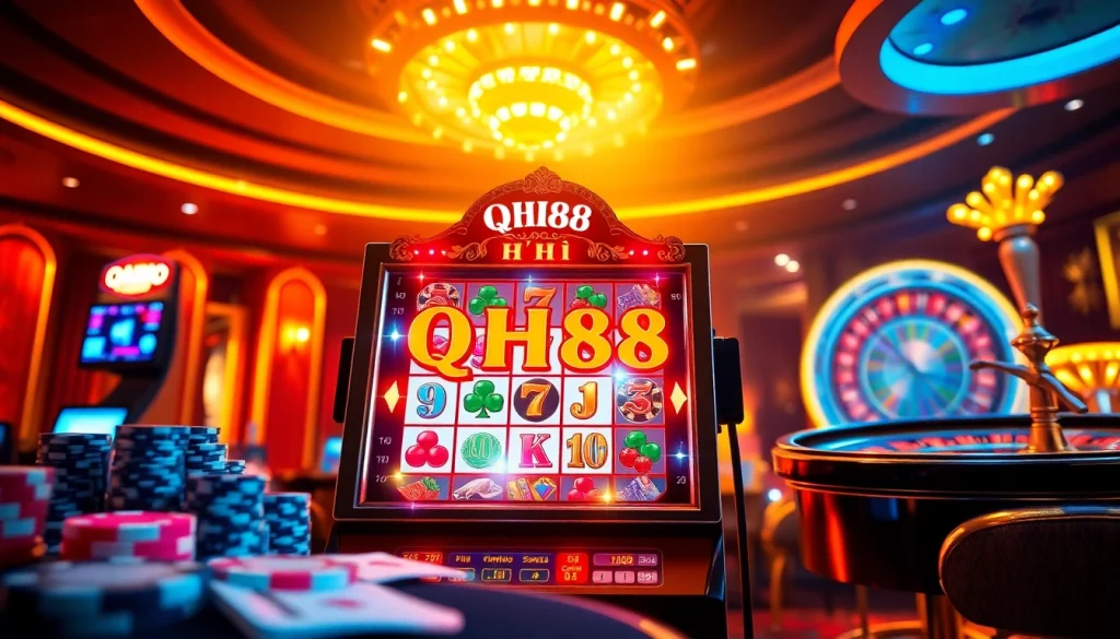 Experience thrill at Nổ Hũ QH88 with an engaging online gambling scene featuring colorful slot machines.