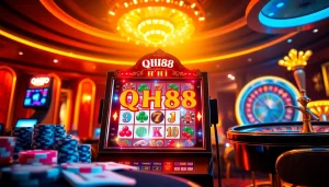 Experience thrill at Nổ Hũ QH88 with an engaging online gambling scene featuring colorful slot machines.
