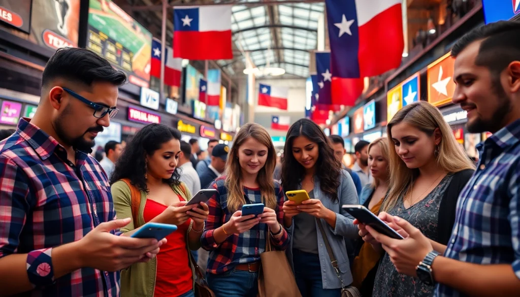 Engaging scene of sports betting in Texas with enthusiastic bettors using mobile apps in a vibrant urban setting.