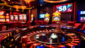 Exciting casino experience with S8 branding and a vibrant roulette table full of chips.