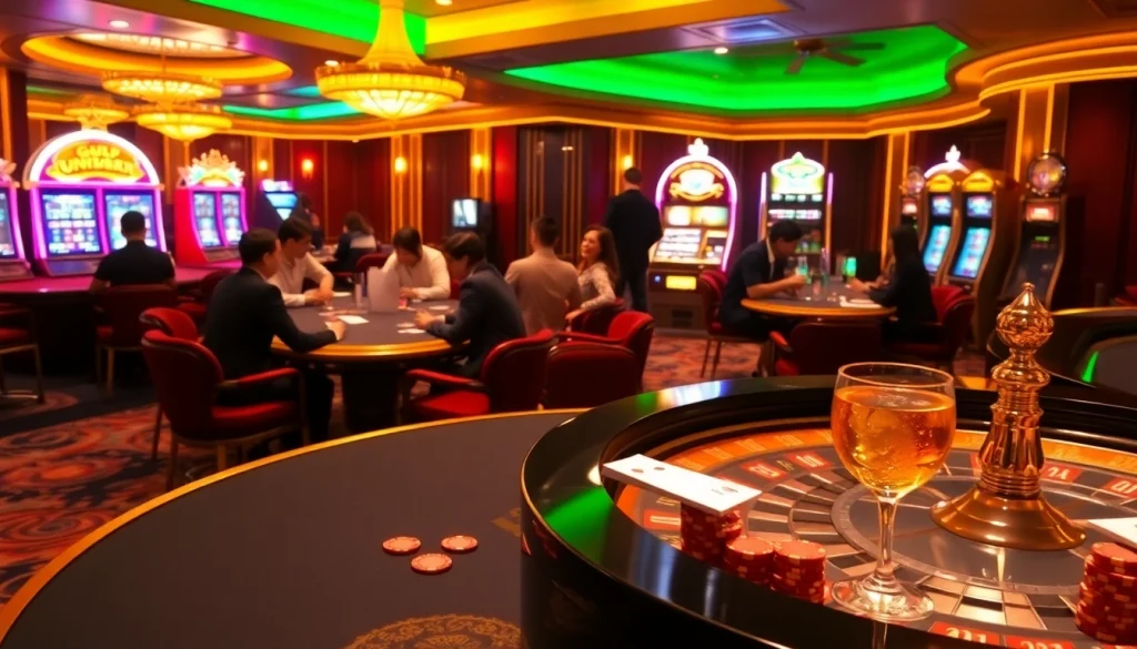 Gamblers enjoying an exciting game at nhà cái luck8 within a vibrant casino atmosphere.