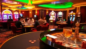 Gamblers enjoying an exciting game at nhà cái luck8 within a vibrant casino atmosphere.