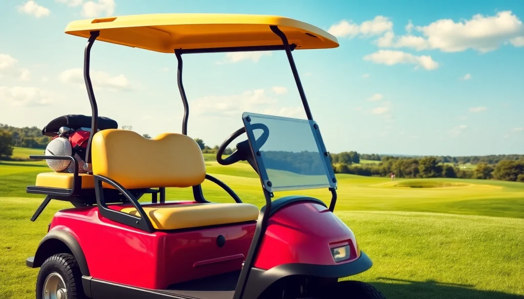 Golf cart parked on a sunny golf course, inviting adventure and leisure.