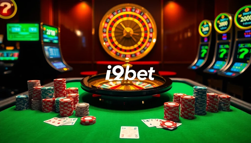 Experience the excitement of i9bet at a luxurious casino table filled with poker chips and cards.