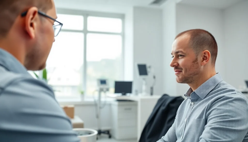 Consultation on hair transplant uk between a consultant and patient in a modern clinic.