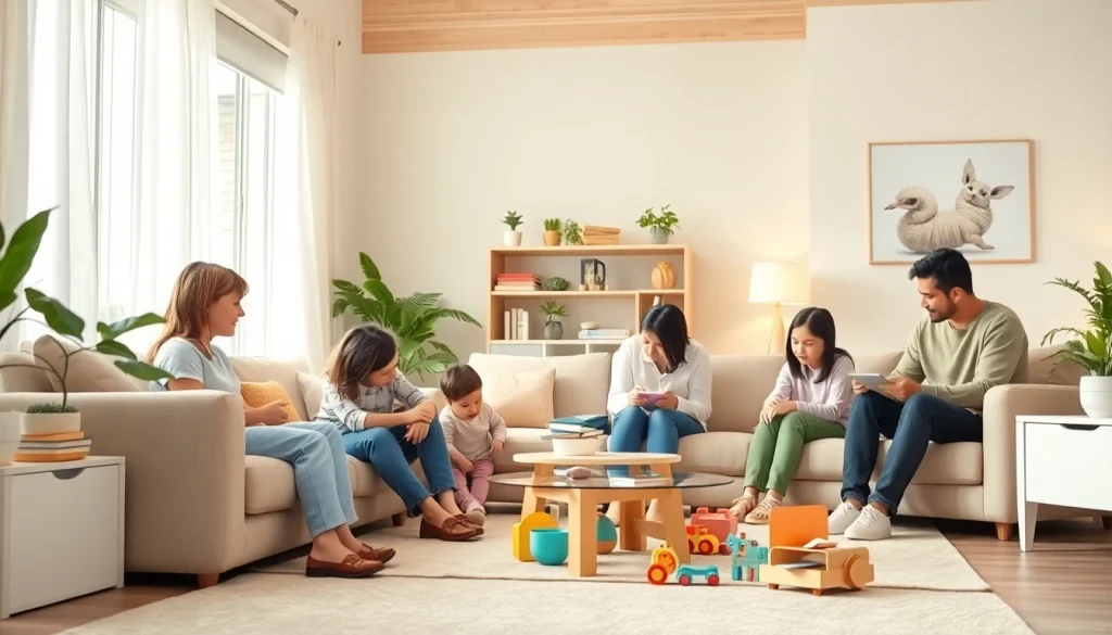 Vuorovaikutus perhekotiympäristössä, jossa näkyy https://perhekoti.fi ja perheiden lämmin kanssakäyminen.