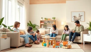 Vuorovaikutus perhekotiympäristössä, jossa näkyy https://perhekoti.fi ja perheiden lämmin kanssakäyminen.