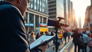 Capture of a journalist reporting news on https://news-parade.com.ua from an urban scene.