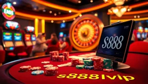 Players enjoying s88vip gaming experience at a vibrant casino with poker chips and roulette.